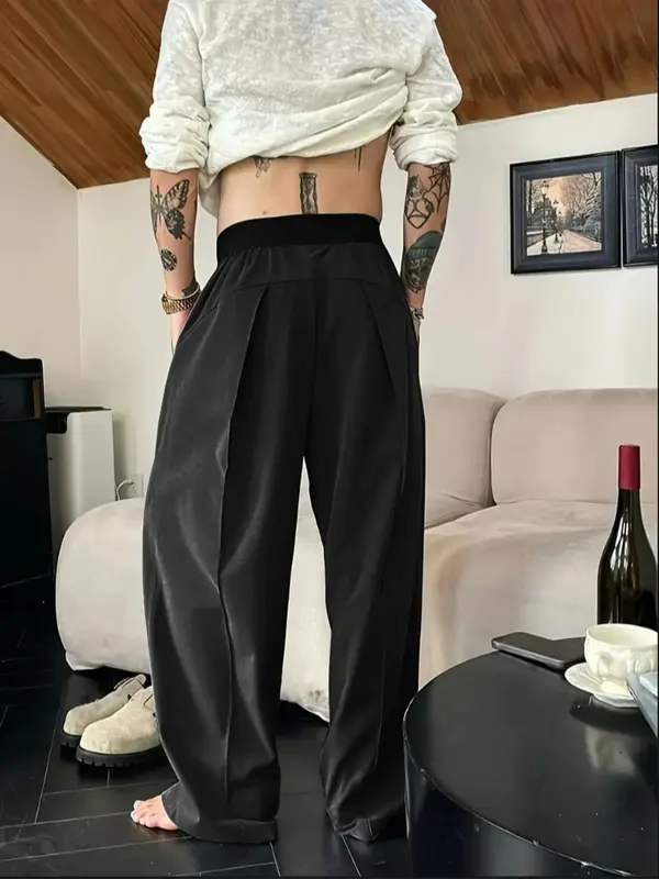 Men's Solid Color Wide Leg Pants, Loose Casual Comfy Trousers for Spring & Fall, Men's Bottoms for Daily Wear, Beige 7