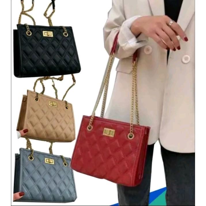Tas Tote Bag Bahu Selempang Wanita Handbag Rantai Motif Setrip Kotak 1