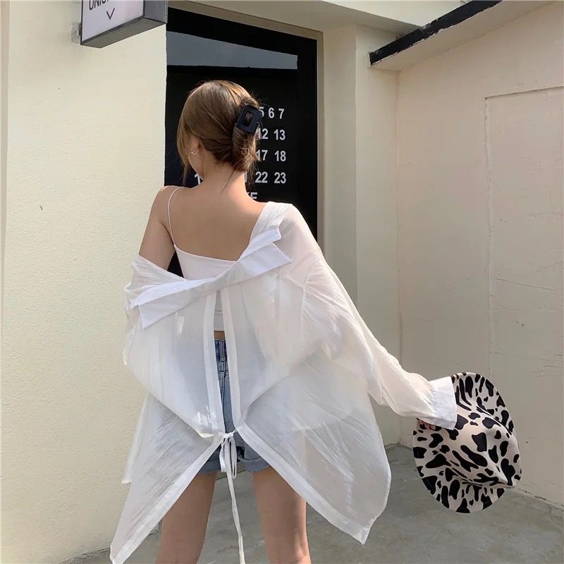 Basic id fashion Kemeja transparan oversize / kemeja ceruti belahan belakang / kemeja gaya korea style kekinian Fit Ceruty Wanita Atasan Remaja Casual Baju Panjang