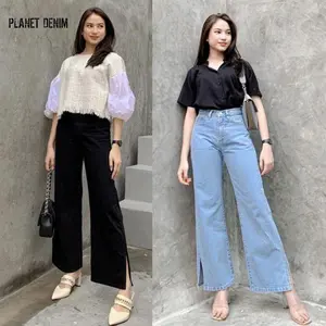 Celana Kulot Jeans Wanita Belah Samping Santai Polos Dark Denim Hitam Panjang Cewek  Dewasa Cutbray