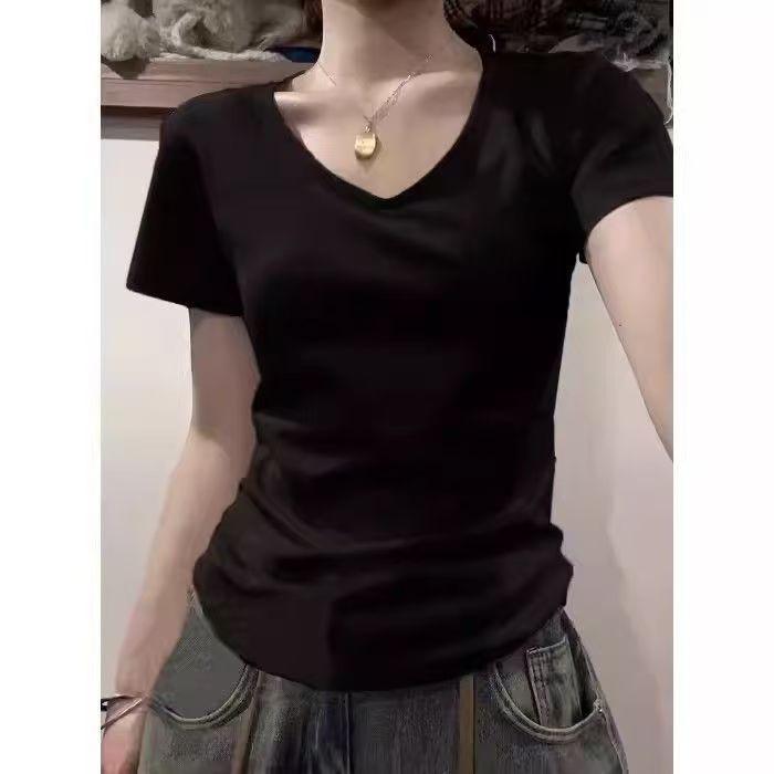 Áo Thun Phong Cách Mỹ, Chất Liệu Cotton Nguyên Chất, Cổ Chữ V, Vai Thường, ngắn Tay, Dành Cho Nữ, Hàng Mới Về Mùa Hè 2025, Áo Cơ Sở Xếp Lớp Cơ Bản, Phong Cách Preppy, Áo 2