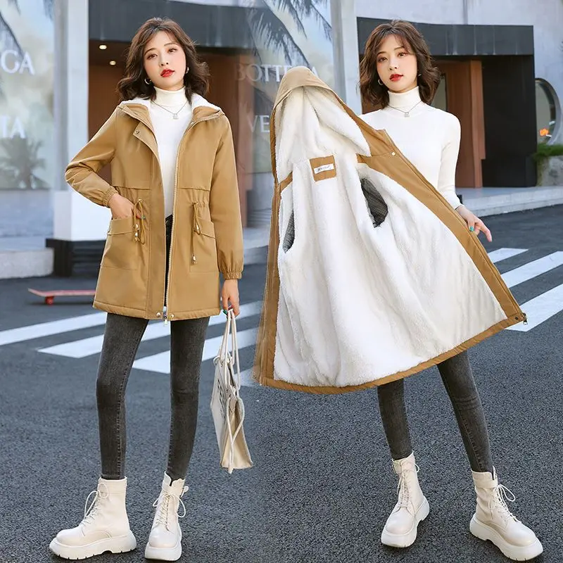 Fleece Trench Coat Women's 2023 New Winter Korean Style Casual Loose Overcoat Fashionable Thickened Mid-Length Cotton Clothing Coat