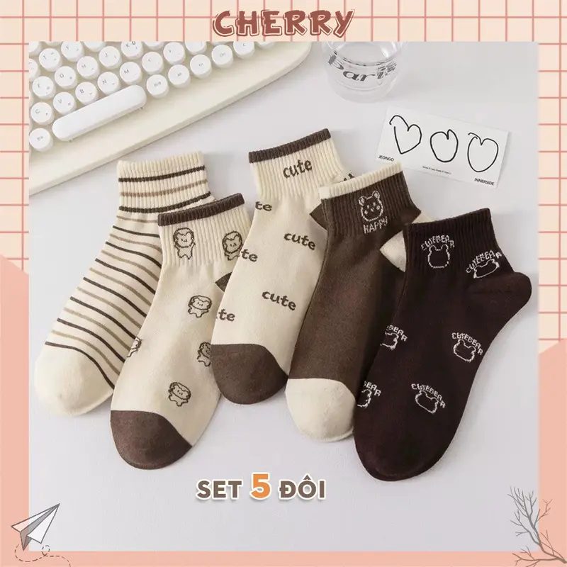 Tất cổ ngắn CHERRY chất liệu cotton, set 5 đôi họa tiết thêu dễ thương Nữ 0