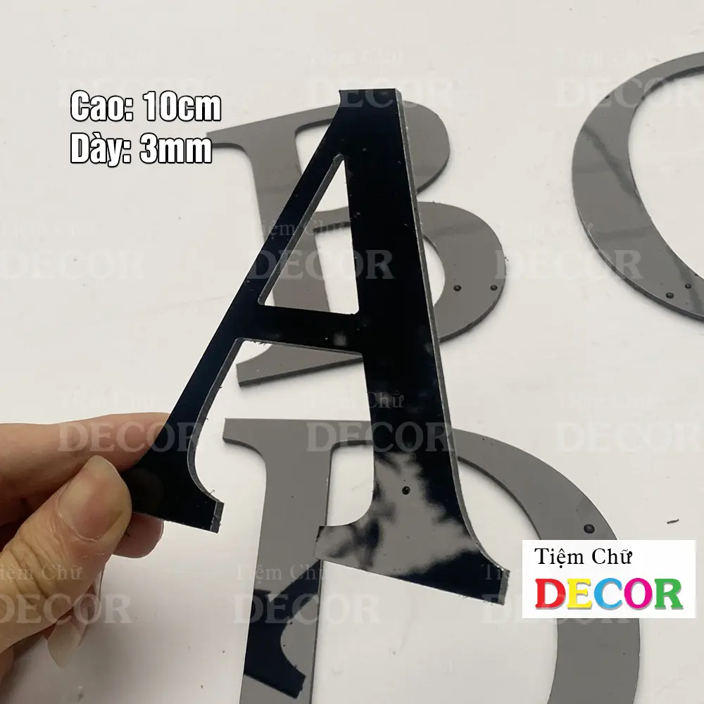 Chữ Alu Đen Gương 10cm dày 3mm T2 In Hoa có chân trang trí dán tường - biển quảng cáo Decor