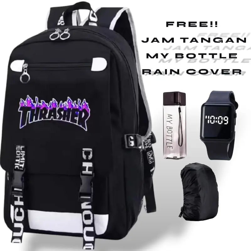 HS - TAS SEKOLAH ANAK LAKI LAKI PEREMPUAN THRASHER BLACK EDITION TAS RANSEL SEKOLAH ANAK SD SMP REMAJA FASHION KEKINIAN JAM LED MY BOTTLE BANYAK BONUSNYA