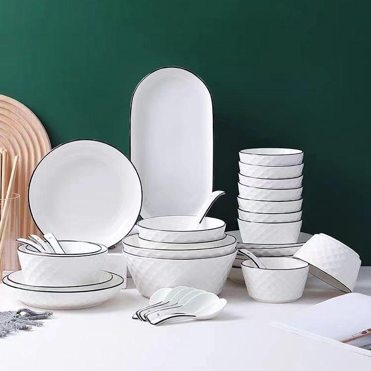 Bộ Chén Dĩa Trắng Cao Cấp Sáng Đẹp Họa Tiết Kim Cương Viền Đen