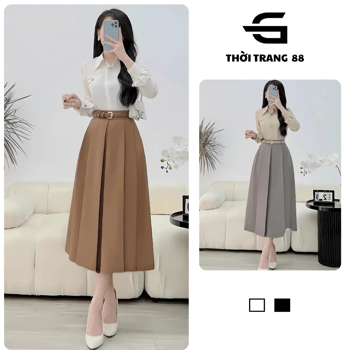 Chân váy xếp ly dài công sở Thời trang 88 CV018 màu nâu - xám - Nhung, Nữ Women
