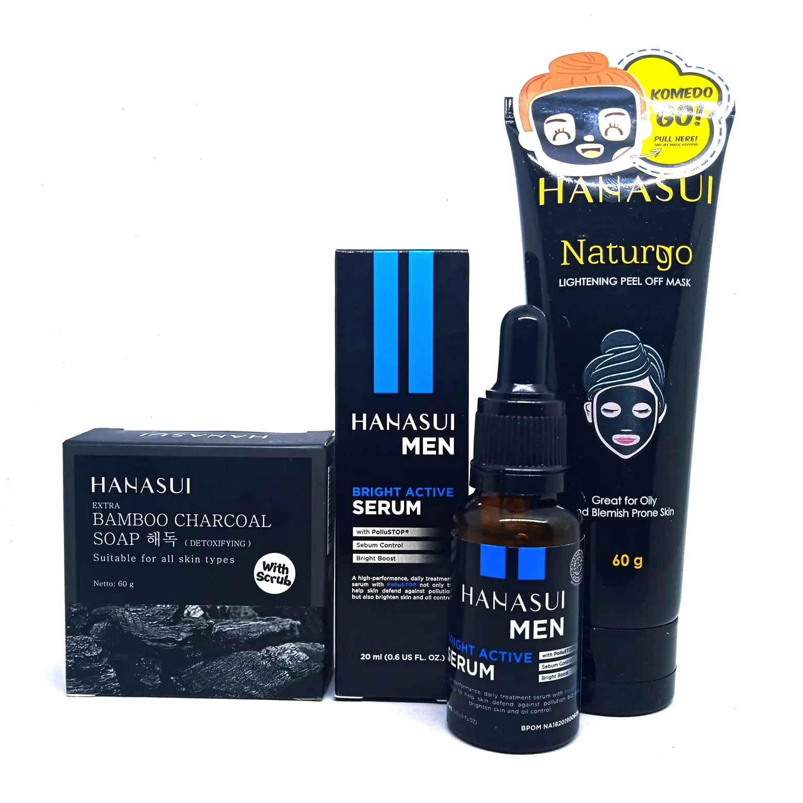 PAKET SKINCARE PRIA AMPUH!! HANASUI MEN BLACK SERIES 3IN1 / Bamboo Charcoal Soap + Men Bright Active Serum + Naturgo Mask Tube Paket Perawatan Wajah Perawatan Jerawat Pencerah Wajah Ampuh Permanen Original BPOM Lelaki