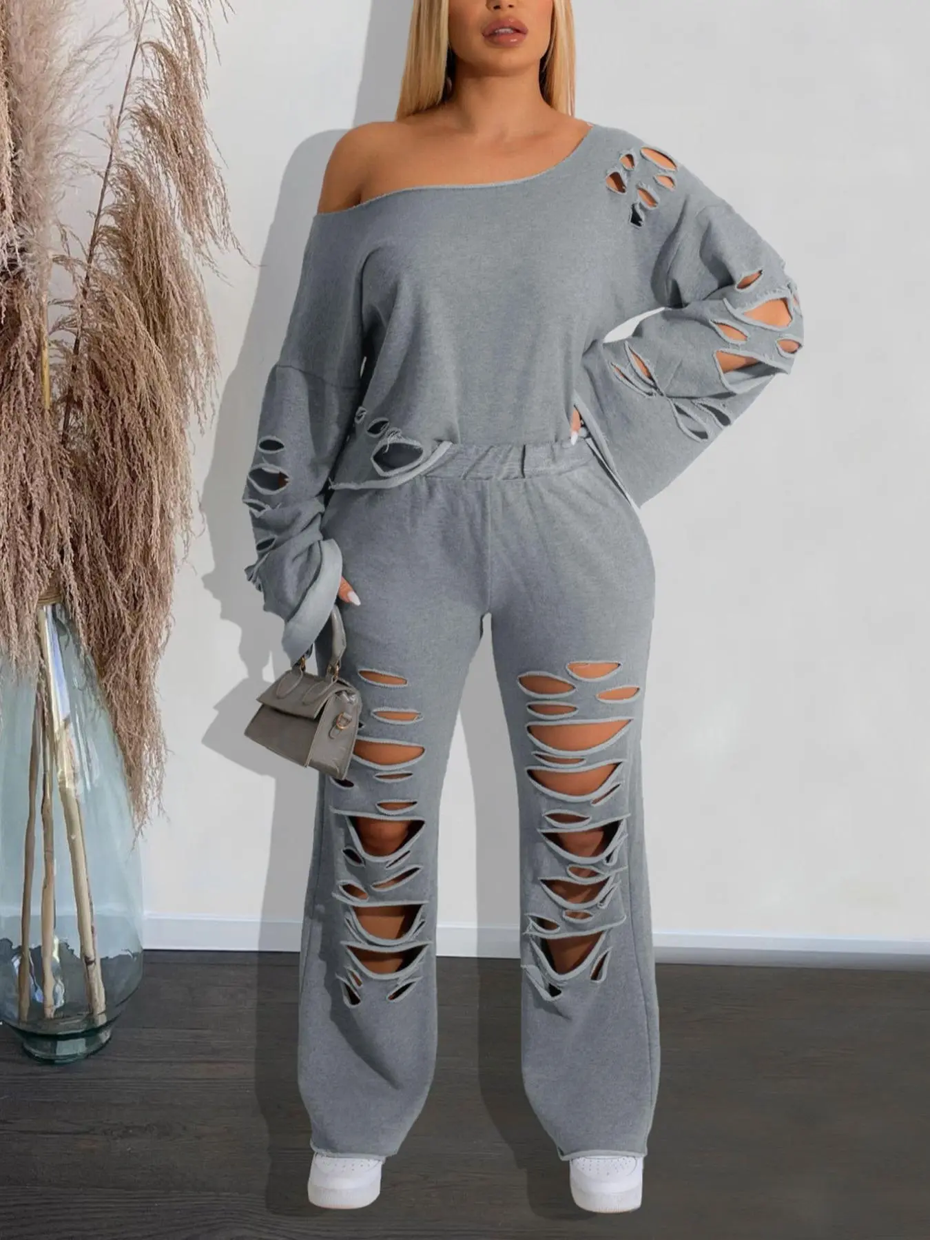 Women's Ripped Asymmetrical Neck Pullover & Wide Leg Pants Set, Solid Drop Shoulder Top & Ripped Trousers Set, Fashion Cozy Outfits for Daily Wear