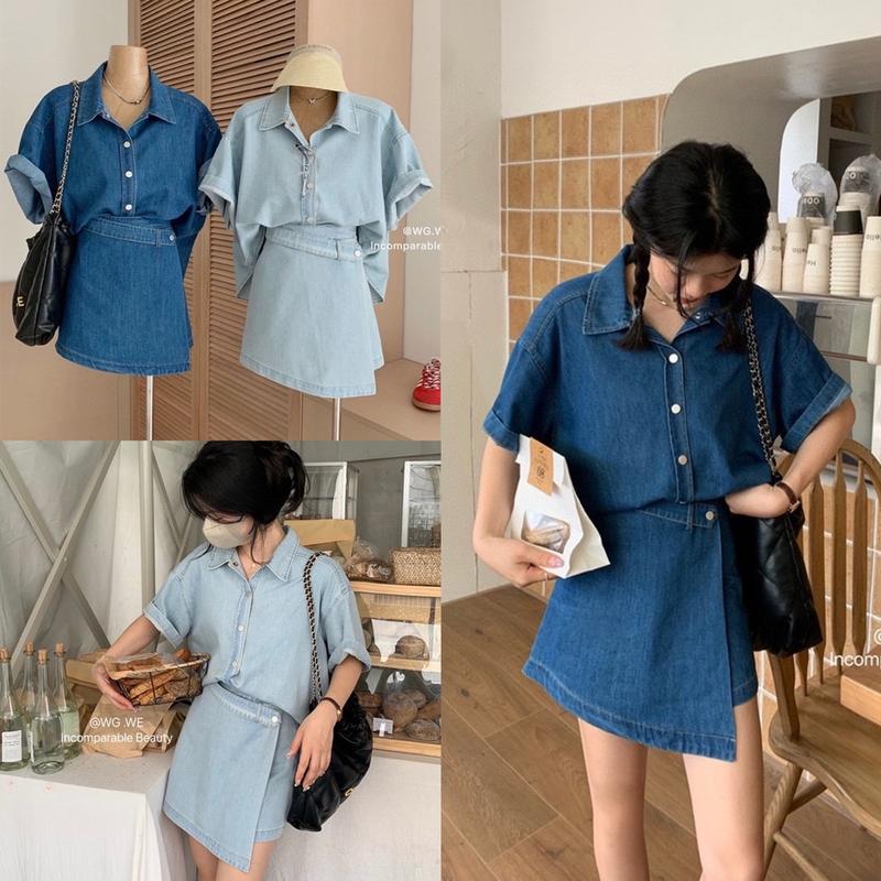 Set Jean Nữ, Áo Sơ Mi Cộc Tay Đuôi Tôm Cúc Bấm Mix Chân Váy Vạt Chéo Thời Trang B.Y Tea Top Pants