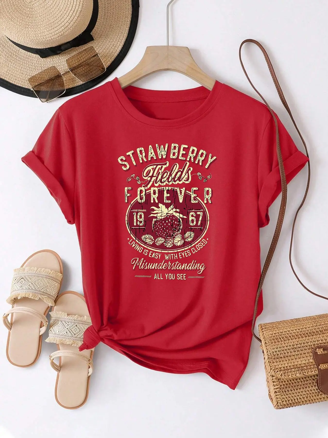 Women's Strawberry & Letter Print Round Neck Tee, Casual Short Sleeve Crew Neck T-shirt for Summer, Fashion Women's Top for Daily Wear