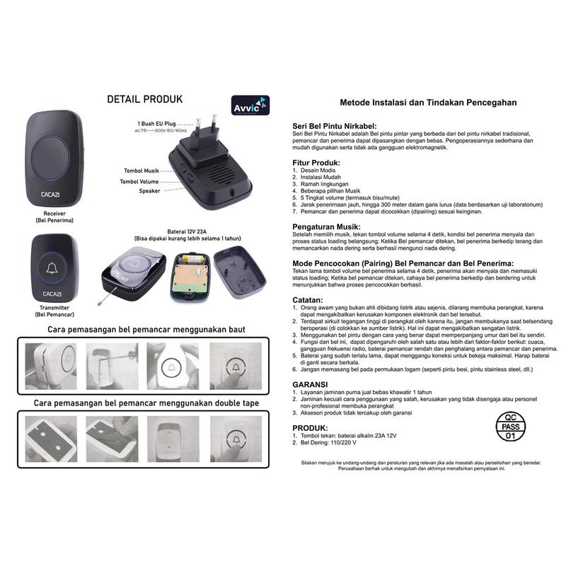 Avvic x CACAZI Wireless DoorBell Waterproof 1 Receiver 2 Transmitter Baterai Bel Black Pintu White Kotak 8