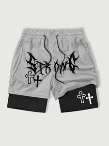 Shorts de gimnasio para hombre 2 en 1 con gráficos de letras, bolsillos internos, shorts de entrenamiento y running de doble capa para verano, cintura con cordón, corte cómodo