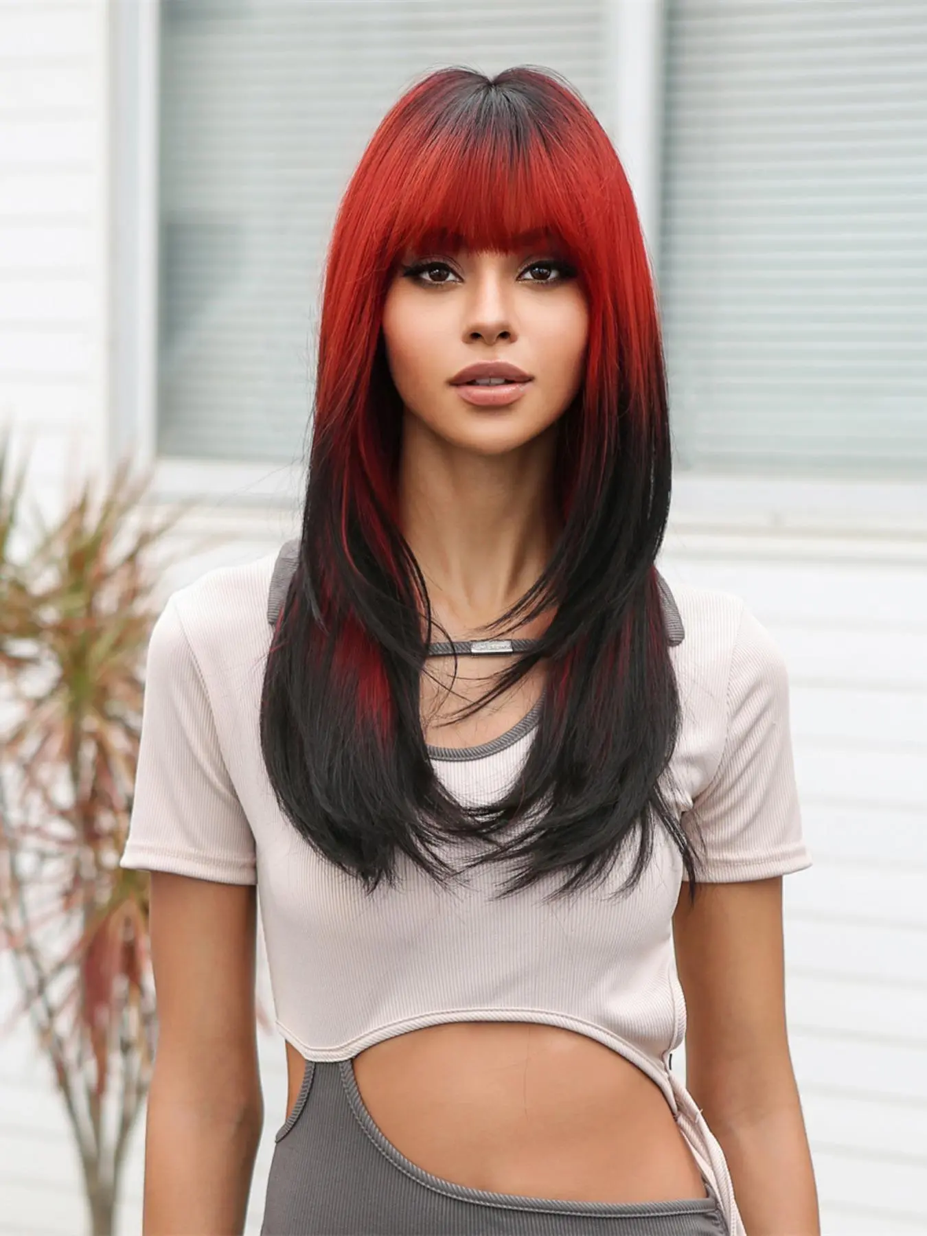 Ombre Red to Black Straight Synthetic Full Machine Wigs, Striking Fluffy Gorgeous Synthetic Full Machine Wigs with Bangs for Party, Cosplay Valentine's Day, Gift for Her