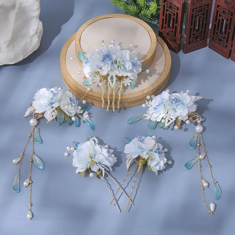 Bộ Phụ Kiện Tóc Hoa Lụa, Phong Cách Hanfu, Kẹp Tóc Hoa, Kẹp Tóc Kiểu Cổ Xưa Lược Chải Tóc Nữ, Phụ Kiện Tóc Trang Phục Cổ Xưa, Đồ Trang Trí Hoa Nhân Tạo Women