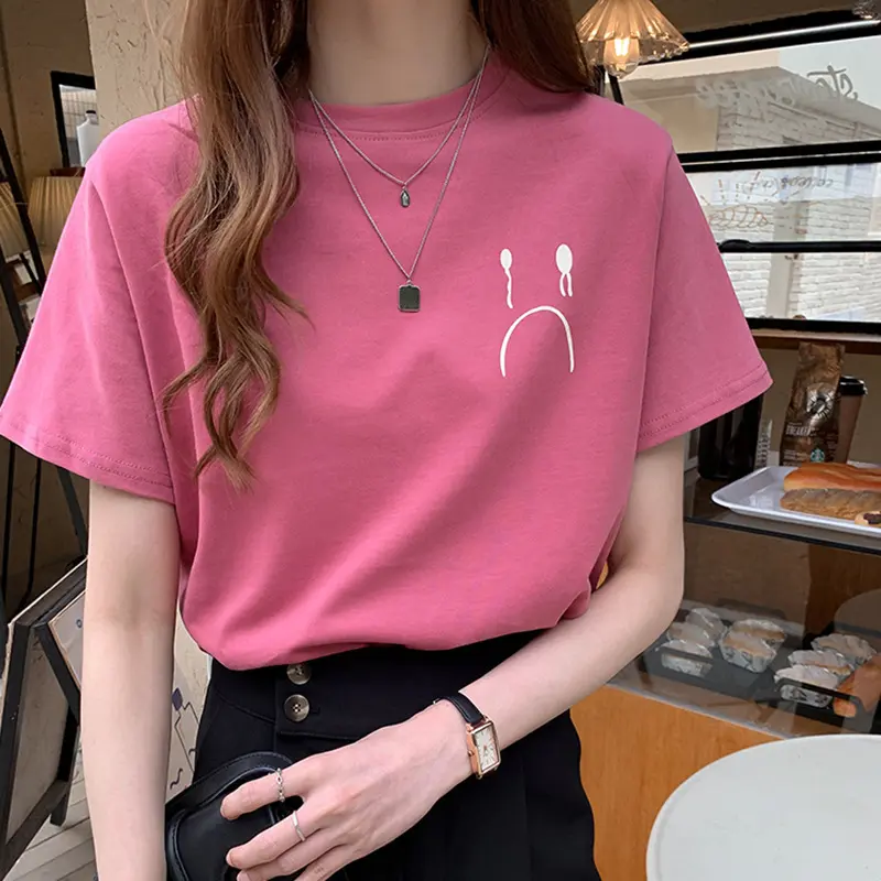 Short Sleeve T-Shirt for Women Summer Korean Style Student Printed Round Neck Loose Half Sleeve Base Shirt