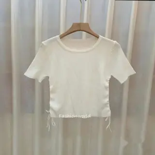 Atasan Crop Oneck Rajut / Korean Kaos Serut Oneck / T-Shirt Atasan Wanita Lengan Pendek Samping Kerut Tali Serut Terbaru 3