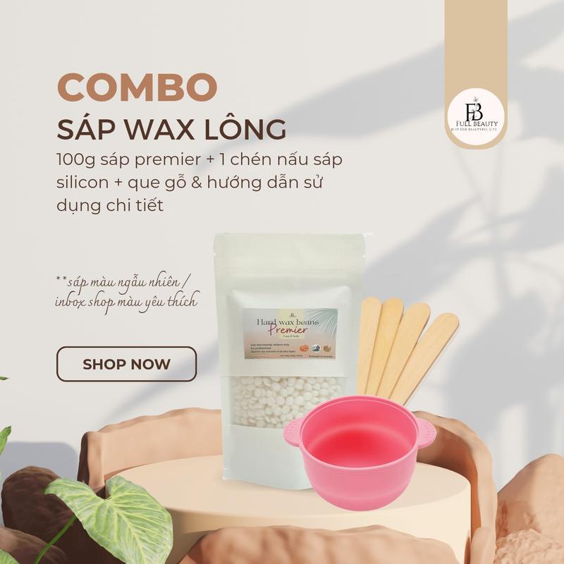  Combo Sáp Wax Lông Full Beauty - 100g sáp premier cao cấp & 1 chén nấu silicon chống dính cao cấp dung tích 400 ml kèm que gỗ & hướng dẫn sử dụng. combo  wax  chem  chép  tại  nhà sáp  dừa  wax  lông bi  wax 