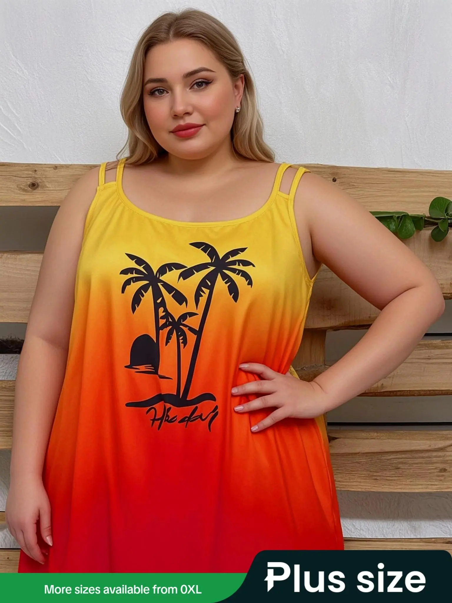 【Plus Size】 Coconut Tree & Ombre Print Tank Top, Casual Sleeveless Top for Summer, Women's Clothing for Daily Wear