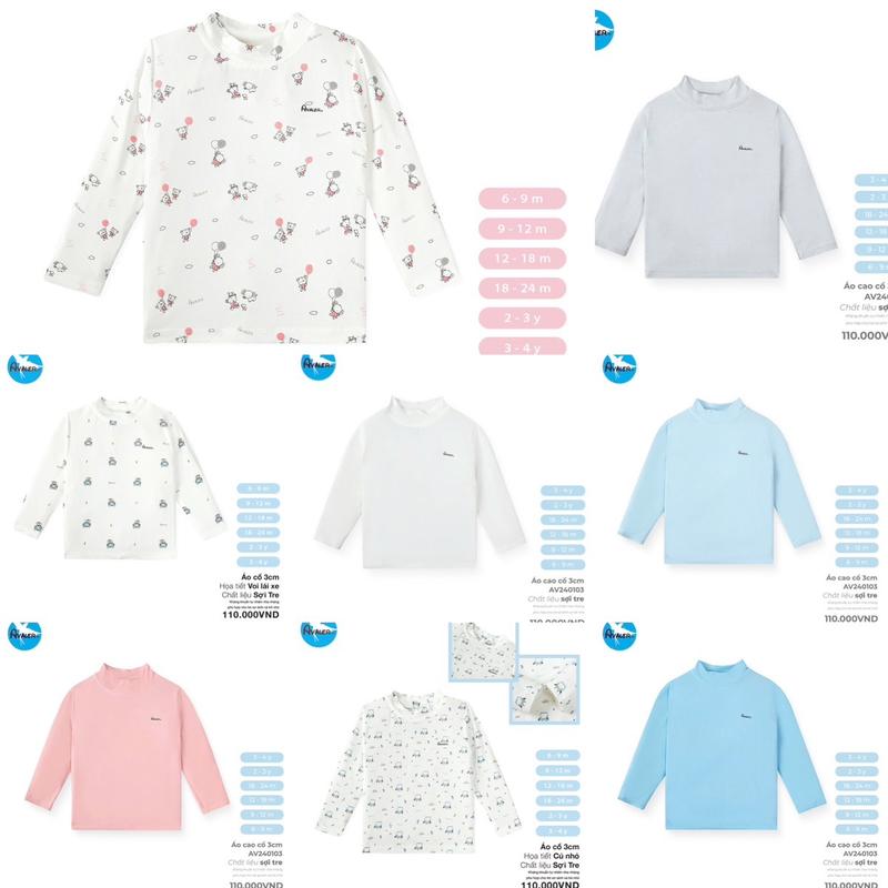 [Có sẵn] Áo giữ nhiệt avaler dày trắng họa tiết mặc thu đông cho bé trai bé gái từ 6m đến 4y