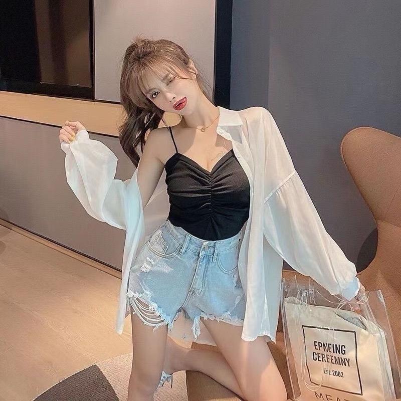 Áo sơ mi mỏng xuyên thấu nhiều màu dáng rộng freesize thời trang nữ Famos 5