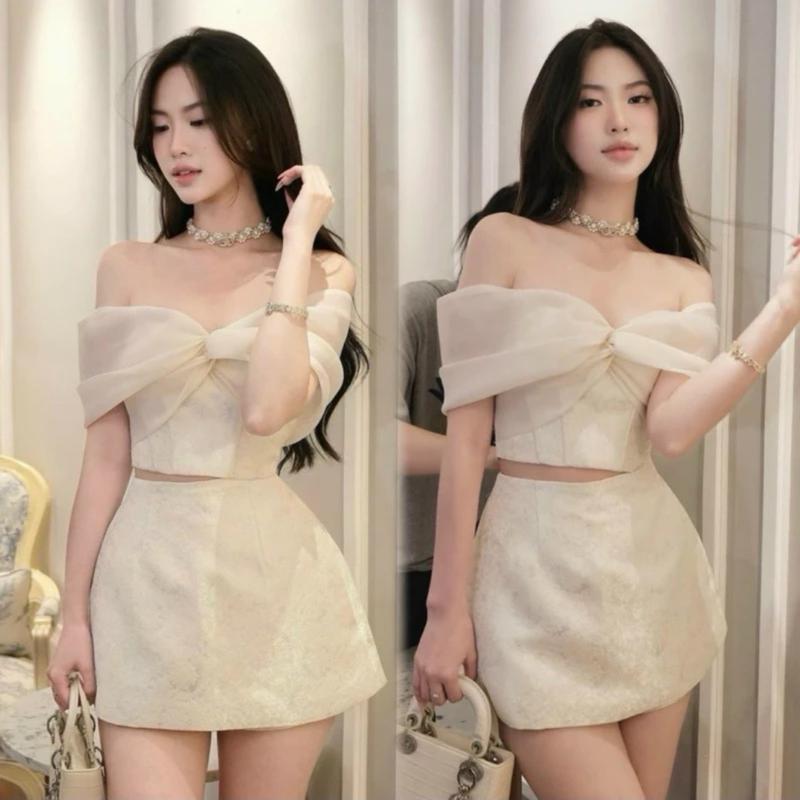 set áo trễ vai chất gấm hoa phối tơ kính mix chân váy chữ A