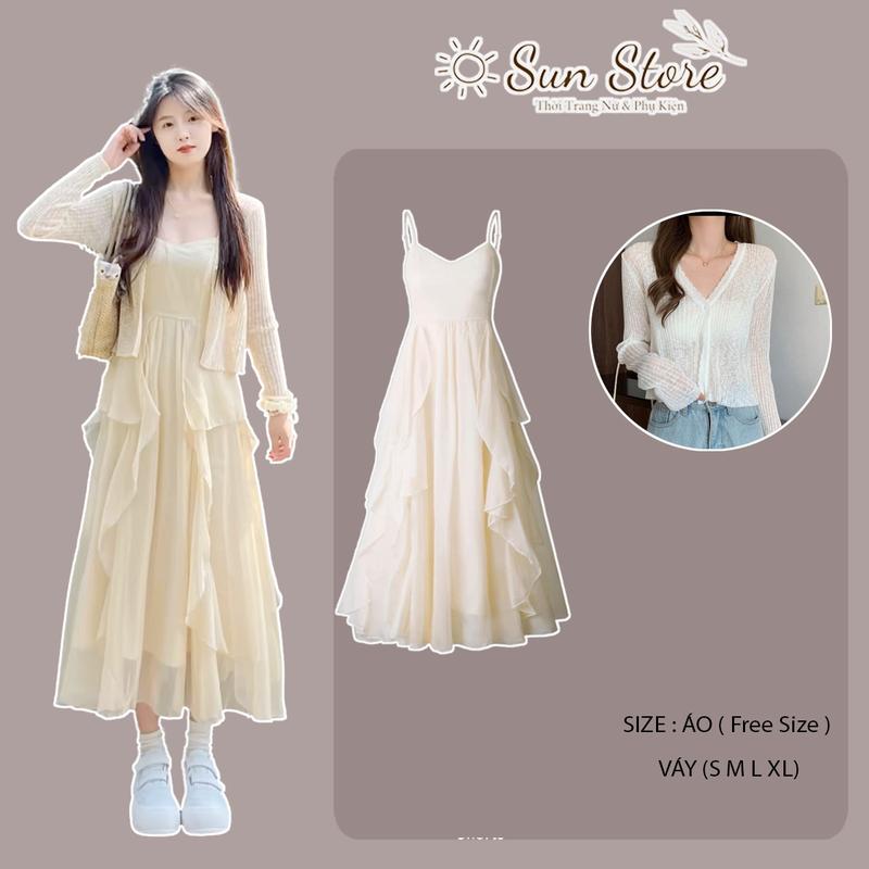 Bộ đồ nữ áo cardigan dệt len mỏng dài tay cài cúc và váy maxi 2 dây voan lụa 2 lớp tiểu thư phong cách Hàn Quốc Nữ Áo Top Women set váy set áo