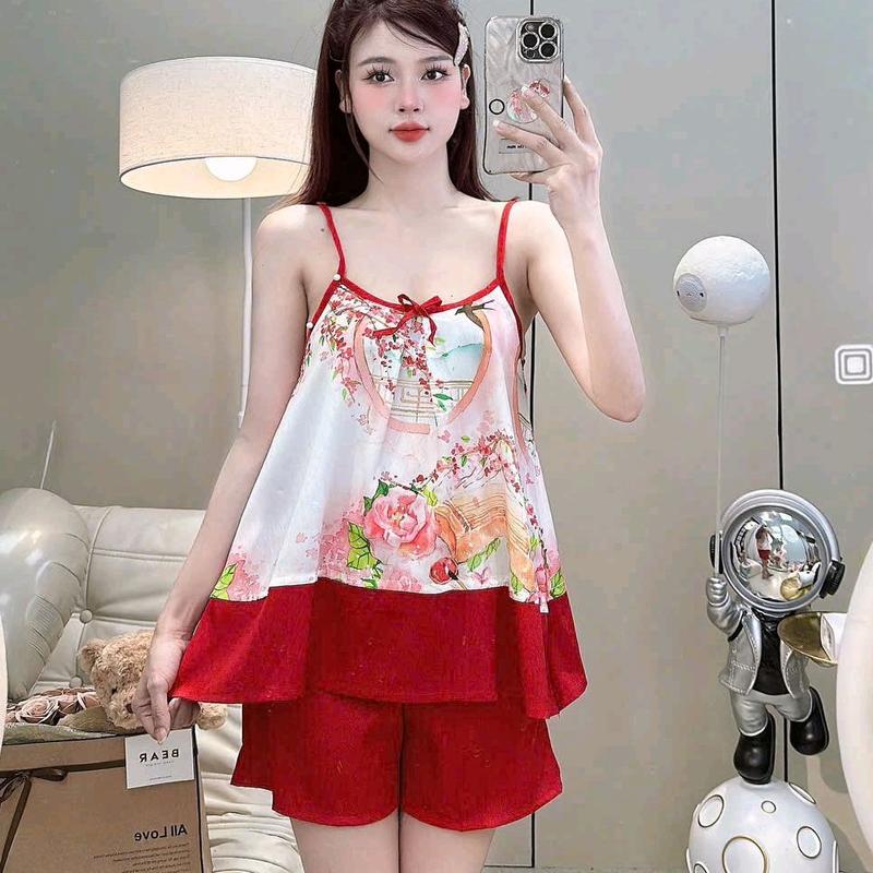 40-60kg P-bộ pijama LỤA LATIN TƠ TẰM QC tay cánh tiên 2 dây quần đùi cho Nữ