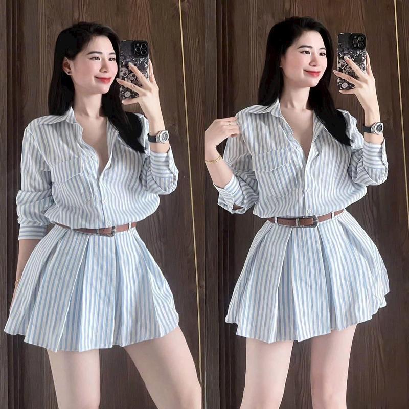 sét váy áo kaki sọc tay dài cài nút cổ sơ mi phối chân váy phia sao lưng thun có dây kéo tặng kèm dây nịt nữ tính cho nàng Top