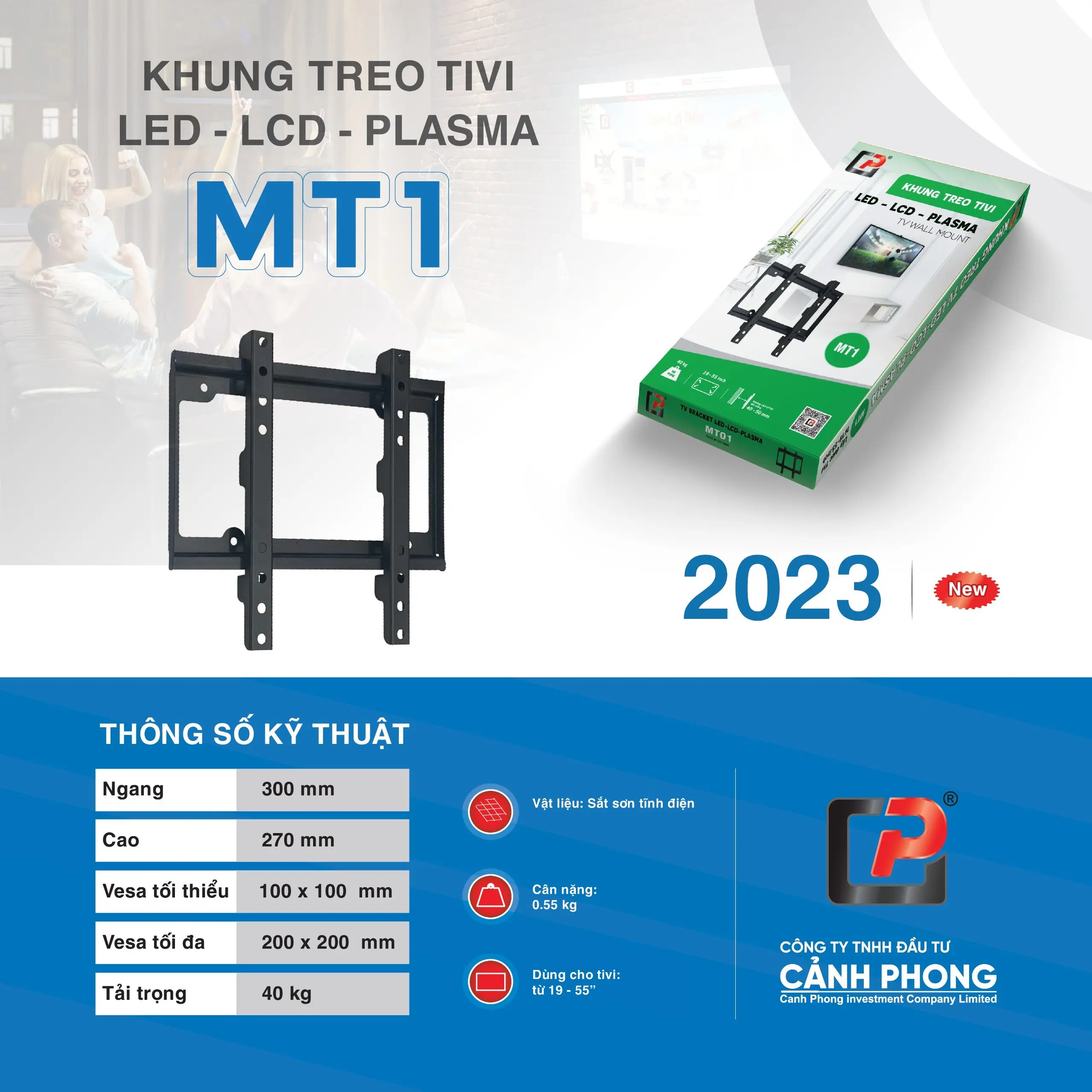 Khung mâm chính hãng Cảnh Phong giá treo tivi led cố định cho mọi hãng tivi từ 19-55 inch kèm ốc vít MT1