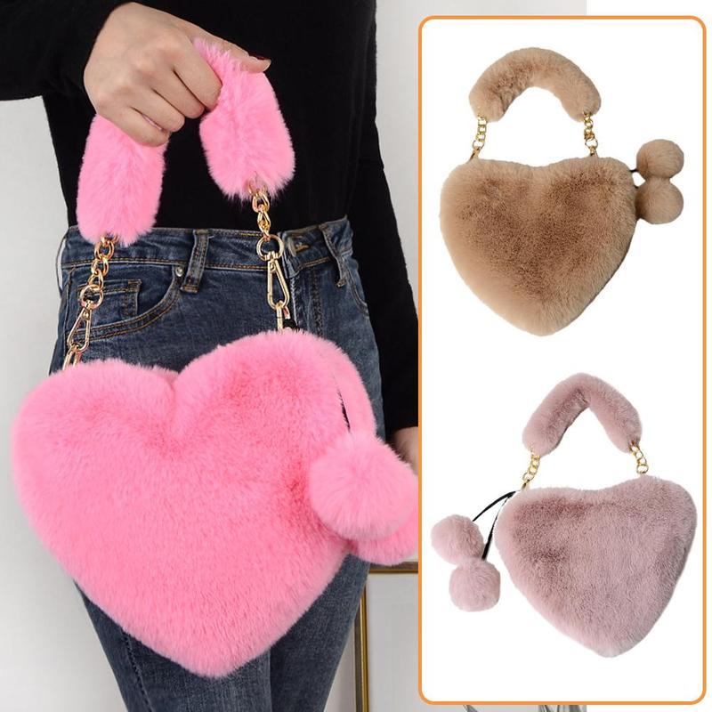 Product Introduction of Women Messenger Bag Cute Heart Shaped Shoulder Bag Fluffy Chain Soft Fashion Crossbody Handbag 19