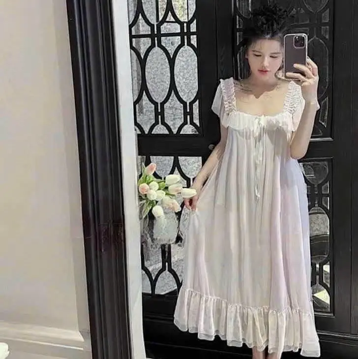 SP.964 Váy ngủ tiểu thư voan ren mềm đính nơ xinh xắn hàng Quảng Châu cao cấp