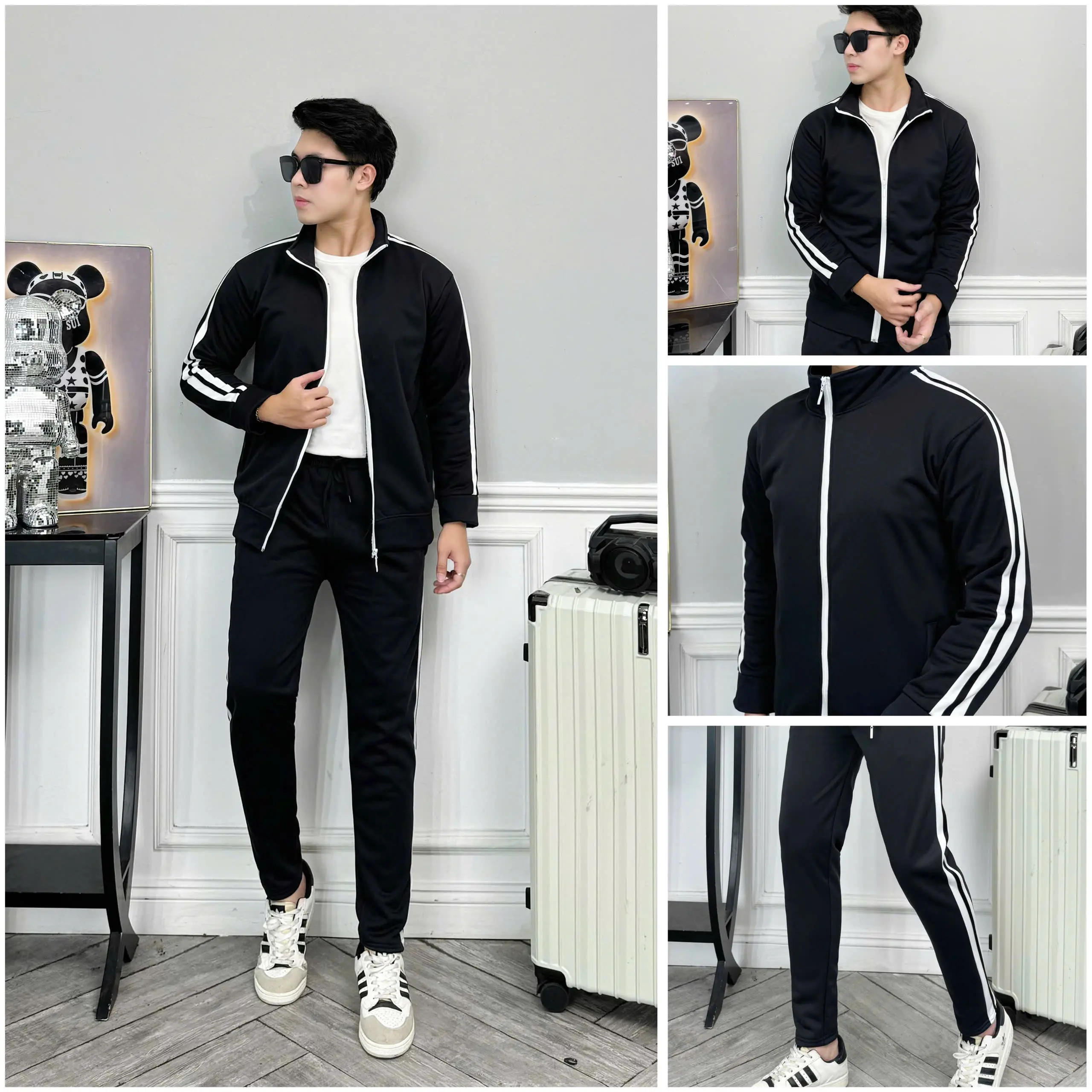 Bộ Quần Áo Nỉ Nam LT85 Thu Đông dài tay phối kẻ sọc chất nỉ poly thể thao phong cách unisex - Tập Thể Dục Sport