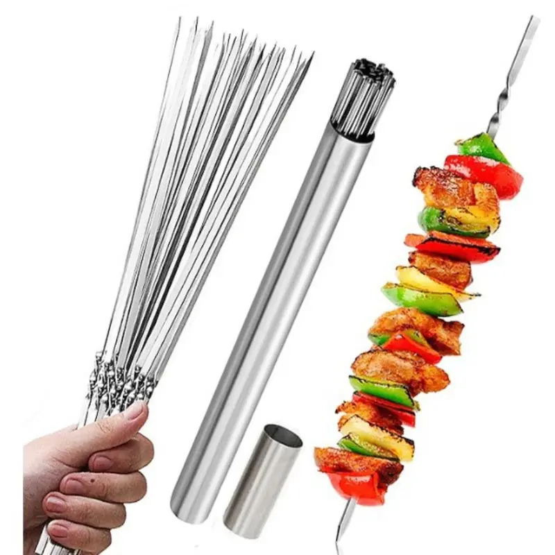 Que Xiên Đồ Nướng Thịt Bằng Thép Không Gỉ, Bền, Có Thể Tái Sử Dụng, 15 Cái / bộ, Phụ Kiện Tiệc Cắm Trại, Dụng Cụ Nấu Ăn Phẳng, Que Sắt Kebab, Thích Hợp Sử Dụng Ngoài Trời 0