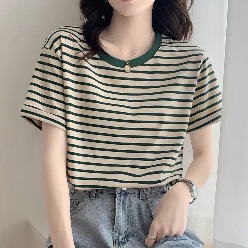 Product Introduction of Áo Phông Sọc Trắng, Ngắn Tay Nữ, Bộ Sưu Tập Mùa Hè 2024, Hàng Mới Về, Thích Hợp Cho Mùa Xuân Và Mùa Thu, Áo Mỏng, Dáng Rộng Vừa Vặn, Áo Phông Cổ Thuyền Top Women 1