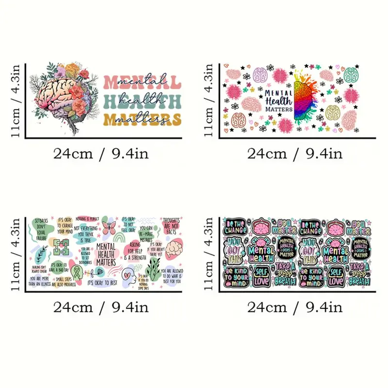 Mental Health Design Cup Wrap Transfer Sticker, 4 Counts/set Drinking Wraps Sticker For 16 OZ Libby Glass, Decor Sticker For Coffee Milky Cup Glass Bottle 1