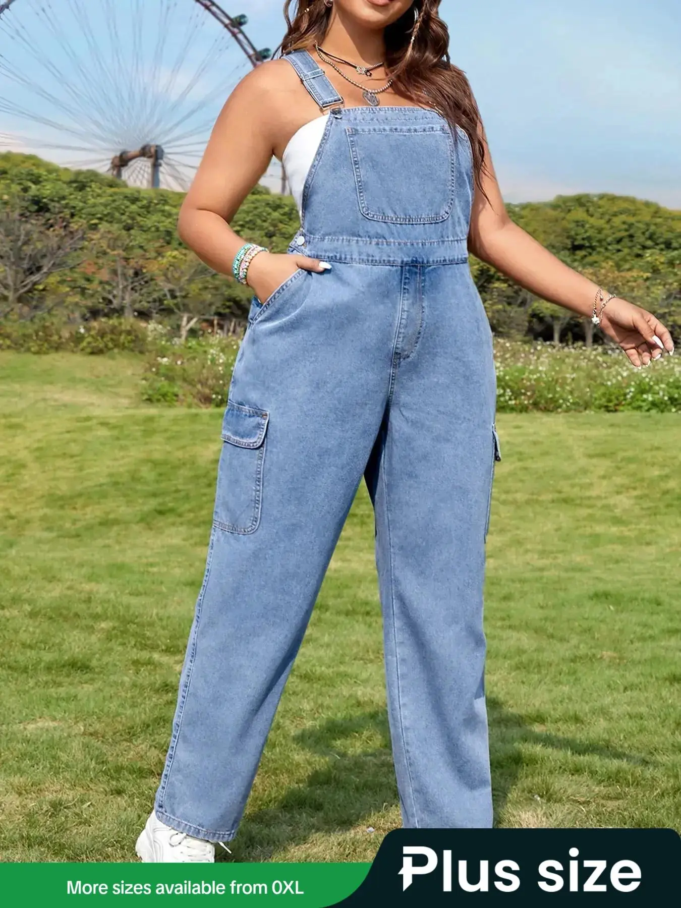 【Plus Size】 Denim Overalls for Women, Casual Solid Color Pocket Suspender Pants for Daily Wear, Dungarees, Women's Plus Size Overalls for All Seasons, Womenswear
