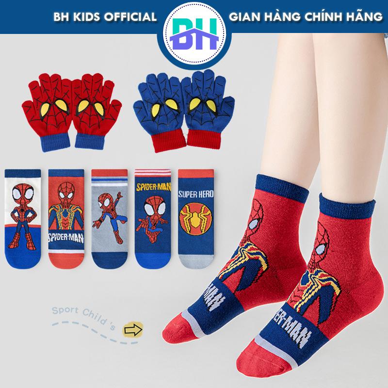 Combo 5 Đôi Tất, Vớ và 1 Đôi gang tay Siêu Nhân Nhện, Chất Liệu 100% Cotton, Thoáng Khí, Kháng Khuẩn, Cho Bé  3-10 Tuổi