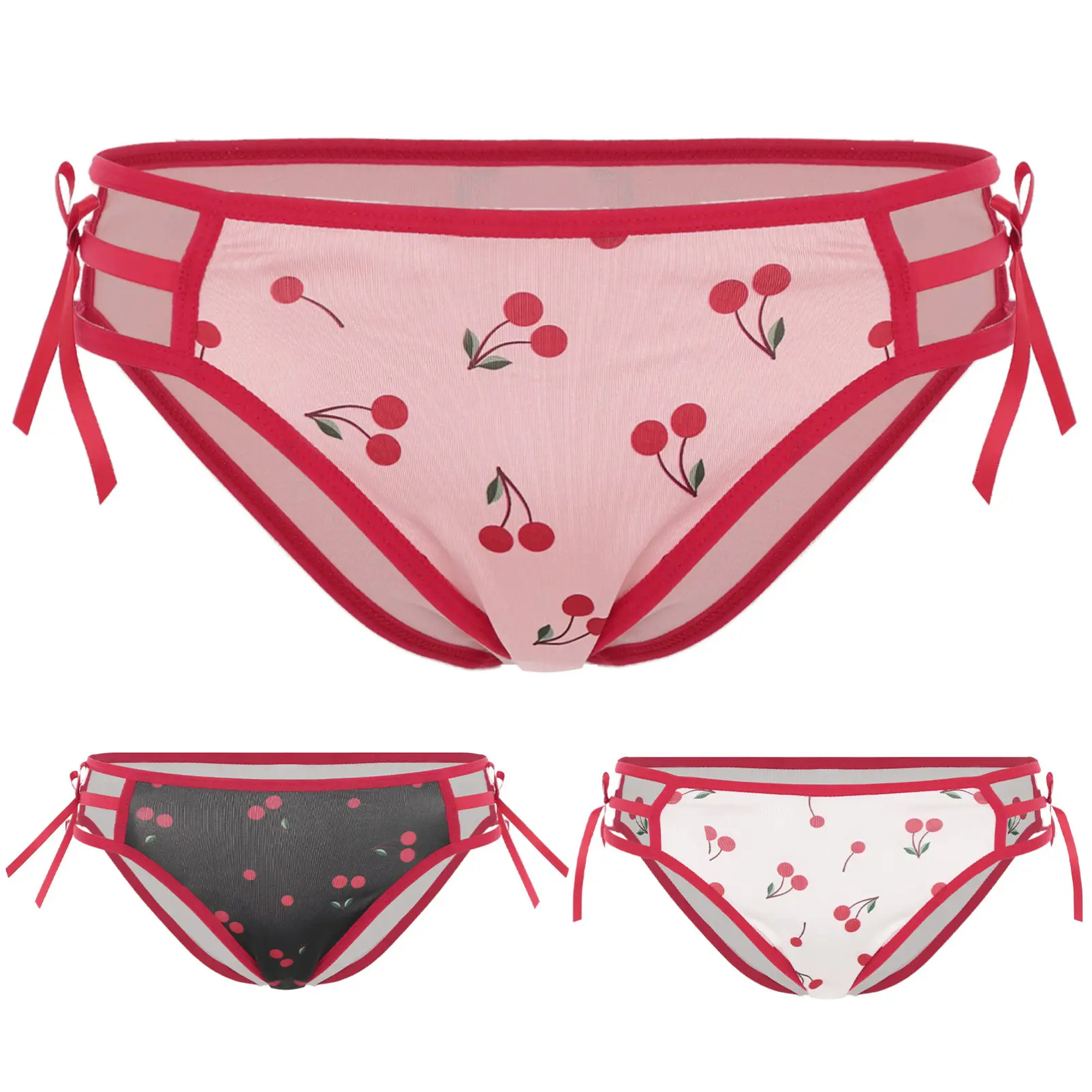 CHICTRY Women Lace Textured Briefs Underwear Cherry Printed Panties Kawaii Hollow Out Underpants