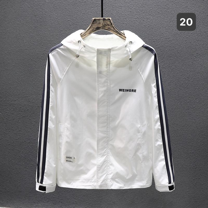 Áo khoác dù nam 20 áo gió nam màu trắng kẻ sọc chất liệu vải dù 2 lớp phong cách thời trang Menswear Jacket có nón