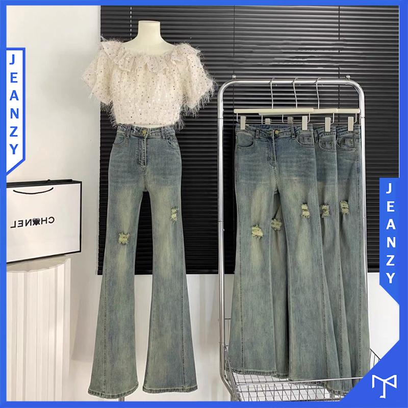 Quần jean ống loe màu xanh vintage đường may chéo mài rách JEAN ZY