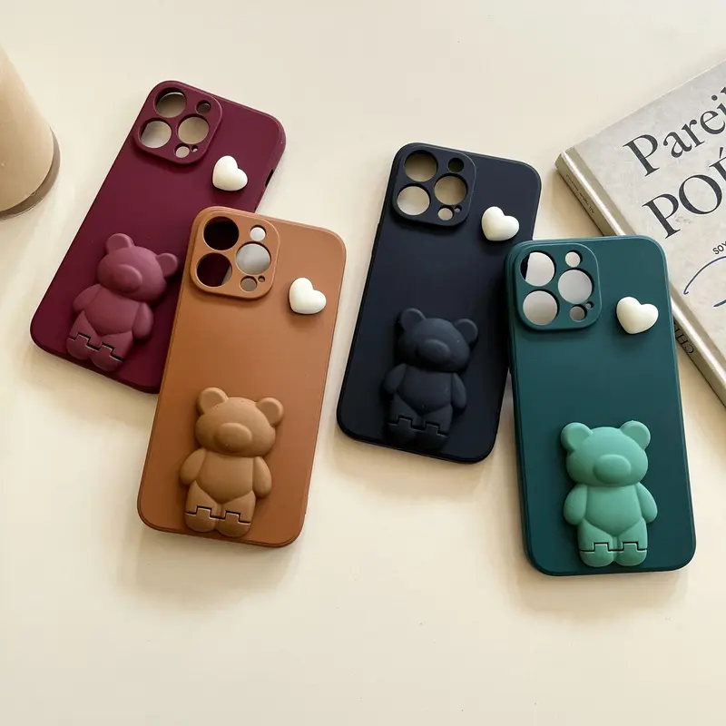 Cute Bear Design Phone Case with Stand, Anti-slip & Anti-drop Cell Phone Soft Case, Phone Accessories Compatible with iPhone 16 15 14 13 12 11 Plus Pro Max E / Samsung S21-S25 Pro Plus FE Ultra Series, Casing 7
