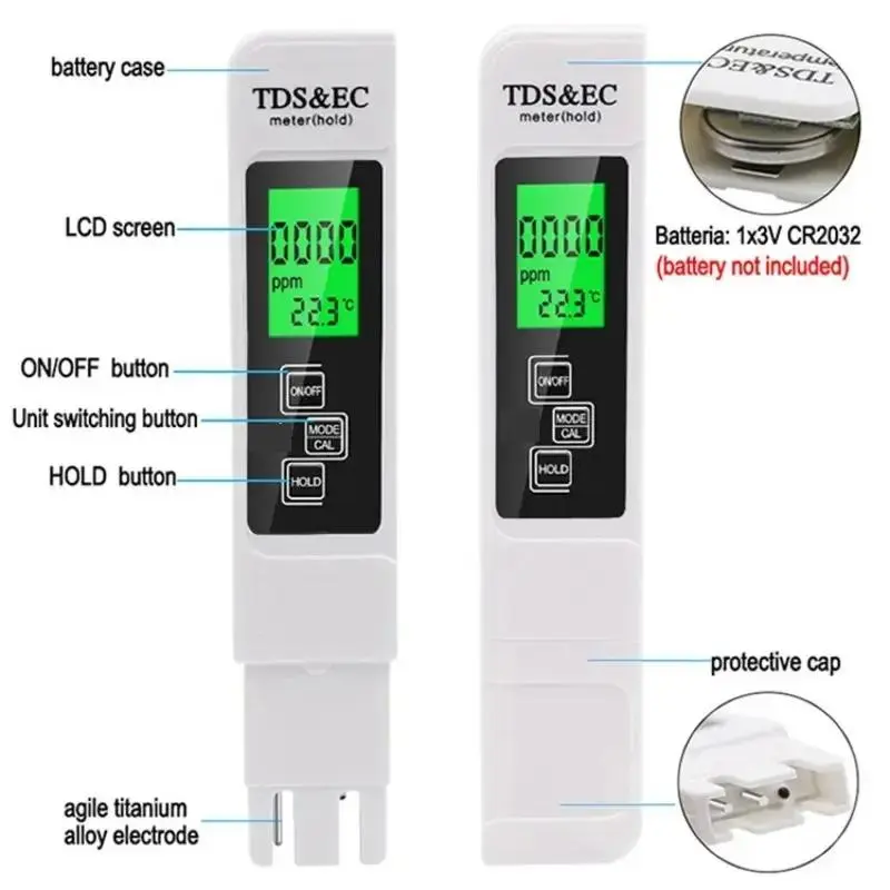 3 In 1 Water Quality Detector Pen, Household Drinking Water EC Meter, Temperature Conductivity TDS Test Pen 3