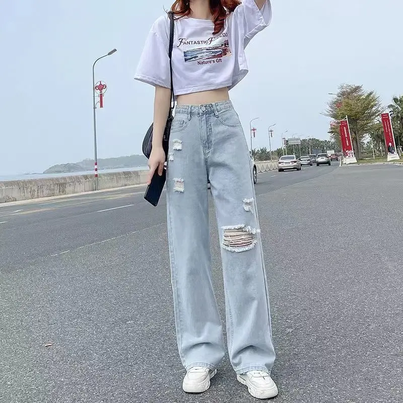 Broken hole high waisted jeans for women in summer, thin, straight tube, loose, new style, slimming, wide leg, hanging feeling, floor length pants