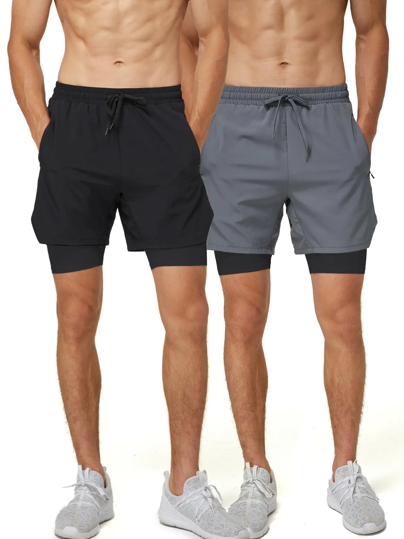 Men's Solid 2 in 1 Drawstring Waist Shorts, Casual Breathable Comfortable Pocket Straight Leg Shorts for Daily Wear, Men's Bottoms for All Seasons