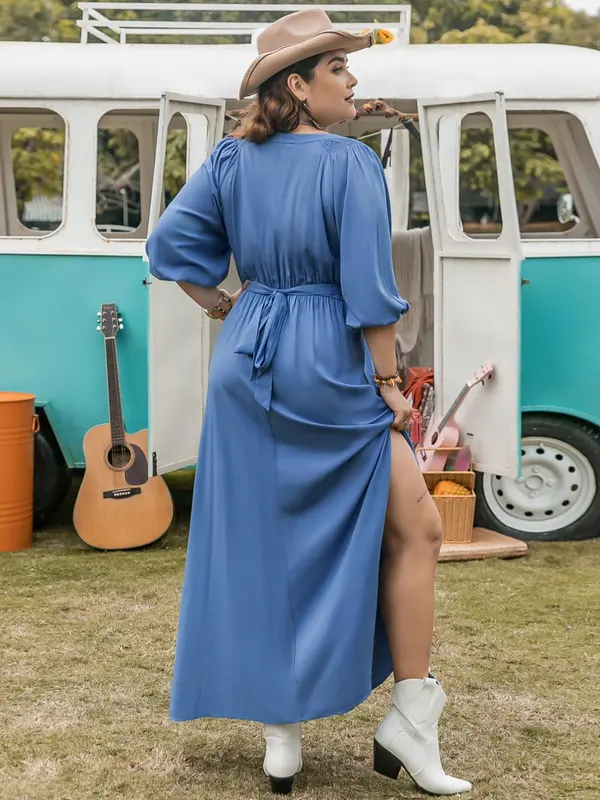 【Plus Size】Solid Color Tie Neck Split Side Dress, Casual Half Sleeve Long Dress for Daily Wear, Women's Plus Clothing for All Seasons 1