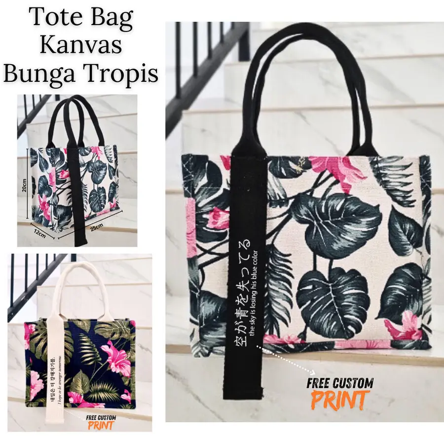 Tote Bag Kanvas Motif - Fashion Handbag untuk Wanita Custom Nama ringan liburan j tote bag casual tas tote bag whits tas selempang & bahu