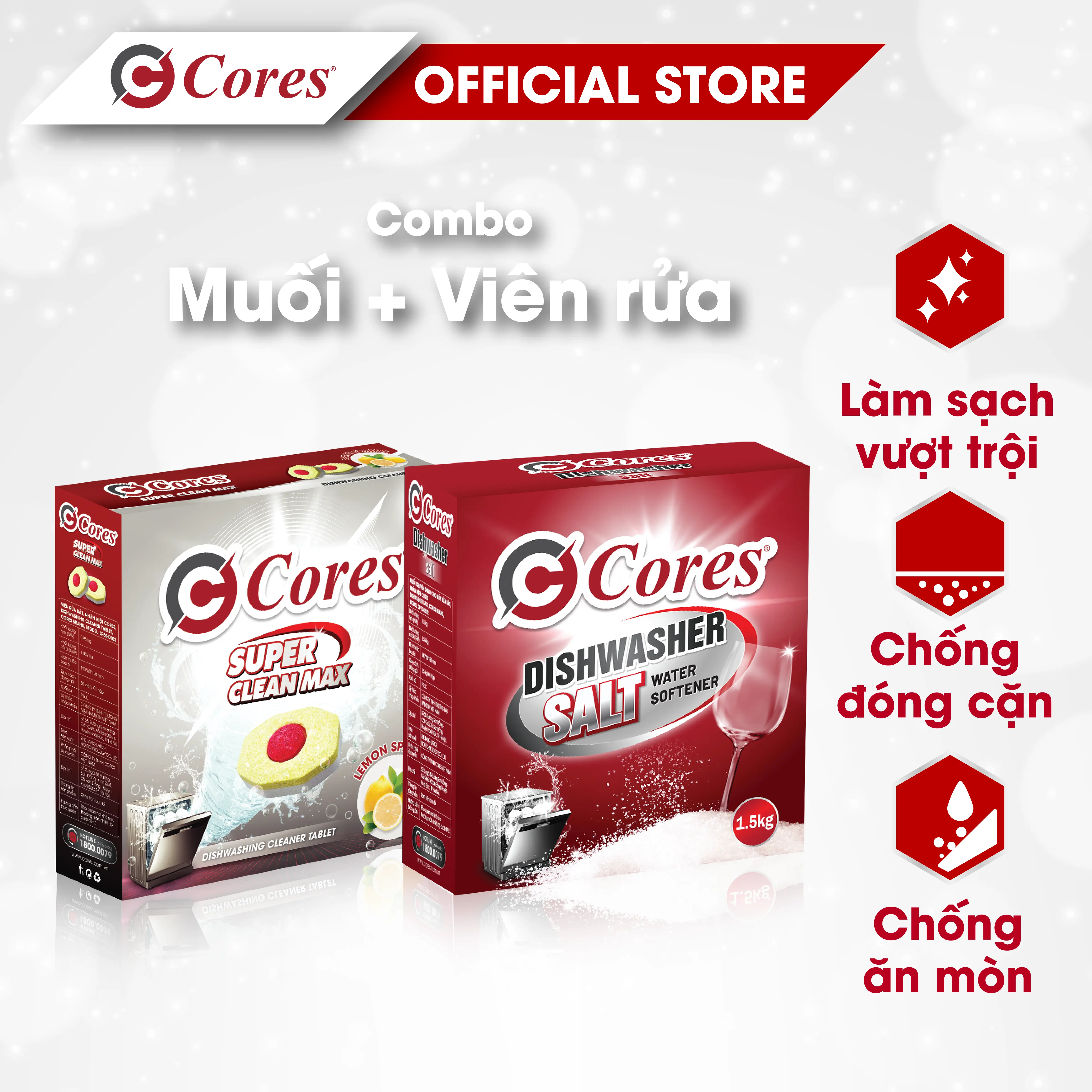 Combo Muối Chuyên Dụng và Viên Rửa Bát Cores