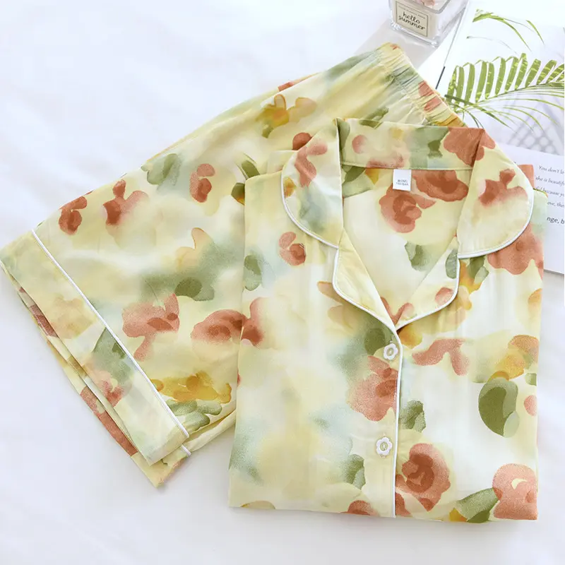 Bộ Đồ Ngủ Lụa Bông, Dành Cho Nữ, Mùa Hè Mỏng, Bộ Đồ Ngắn Tay, Cao Cấp, Ngoại Cỡ, Phong Cách Mới, Quần Áo Mặc Nhà 1
