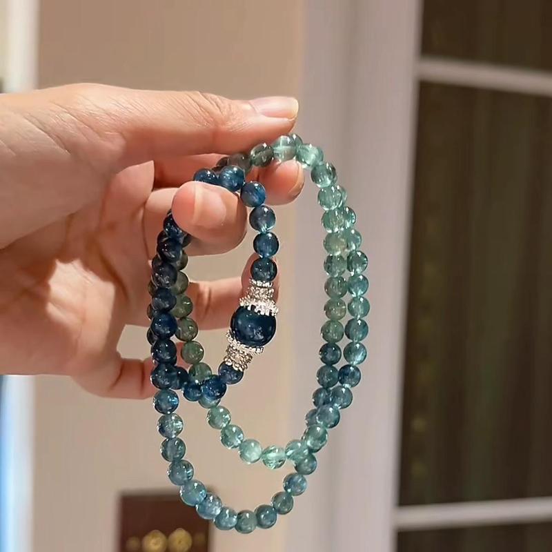 Product Introduction of Aquamarine Clear Green Three Circles Twin Bracelet round Beads Zircon Elastic String All-Match Good-looking Gradient Multi-Purpose Clavicle Chain art  phro pixiu 0